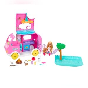 Barbie Pink Camper Van Playset with Yellow Wheels and Aqua Pool
